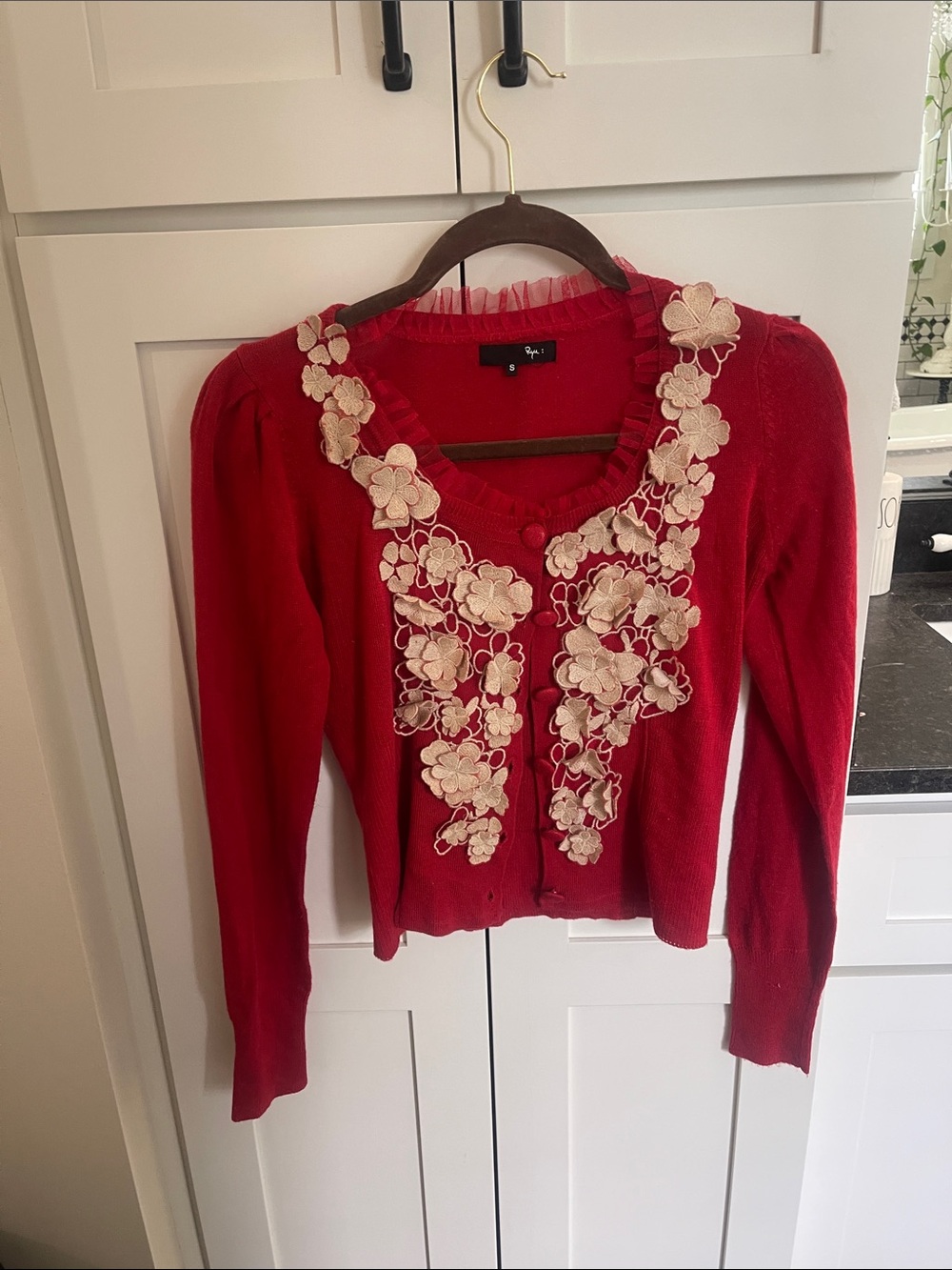 Rye Red Cardigan with Cream Floral Appliqués